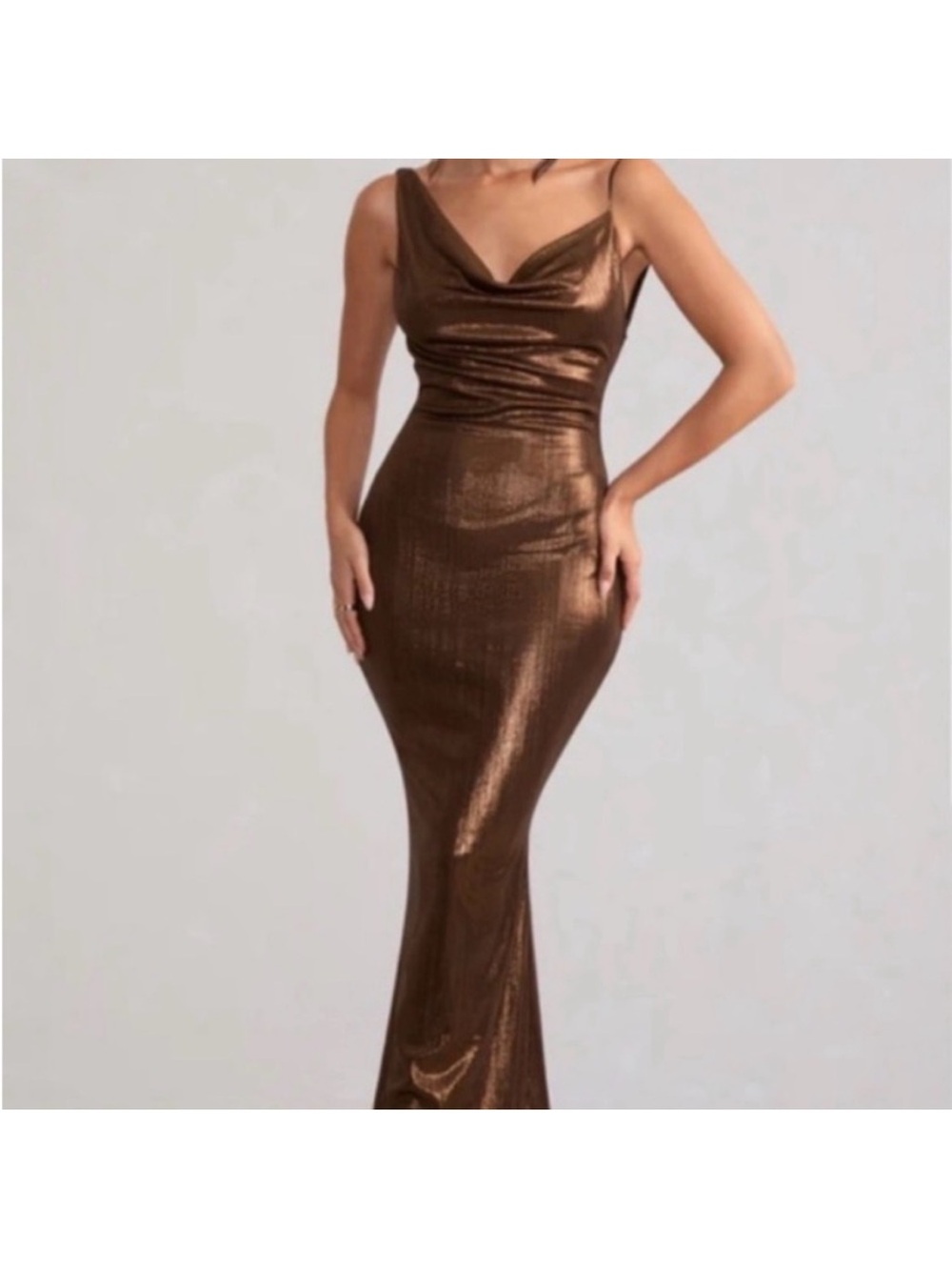 Club L London Bronze Metallic Maxi Dress US 4 Cowl Neck ASO Beyonce 90s Y2K